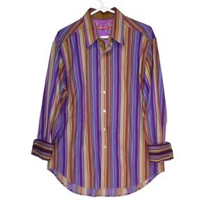 Robert Graham Mens Button Up Long Sleeve Shirt L Flip Cuff Striped Purple